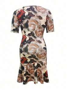 Plus Size Women's Vintage Floral Print Ruffle Dress, Summer Jersey Fabric Crew Neck Polyester And Spandex Midi Dress - 彩色 - 查看 3