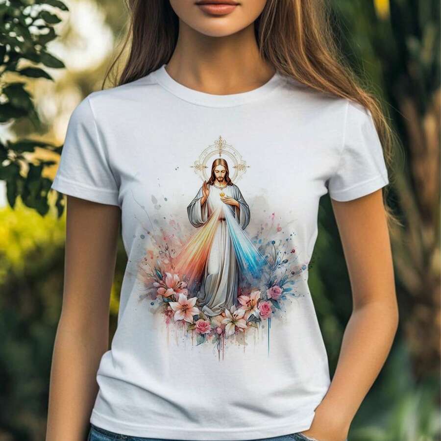 WOMEN'S TSHIRT, Casual, JESUS MERCIFUL FLOWERS, Colorful, CHRISTIAN Fashion, CATHOLIC Plus Size, Summer 2025 Figure Letter Casual Home - 白色 - 查看 1