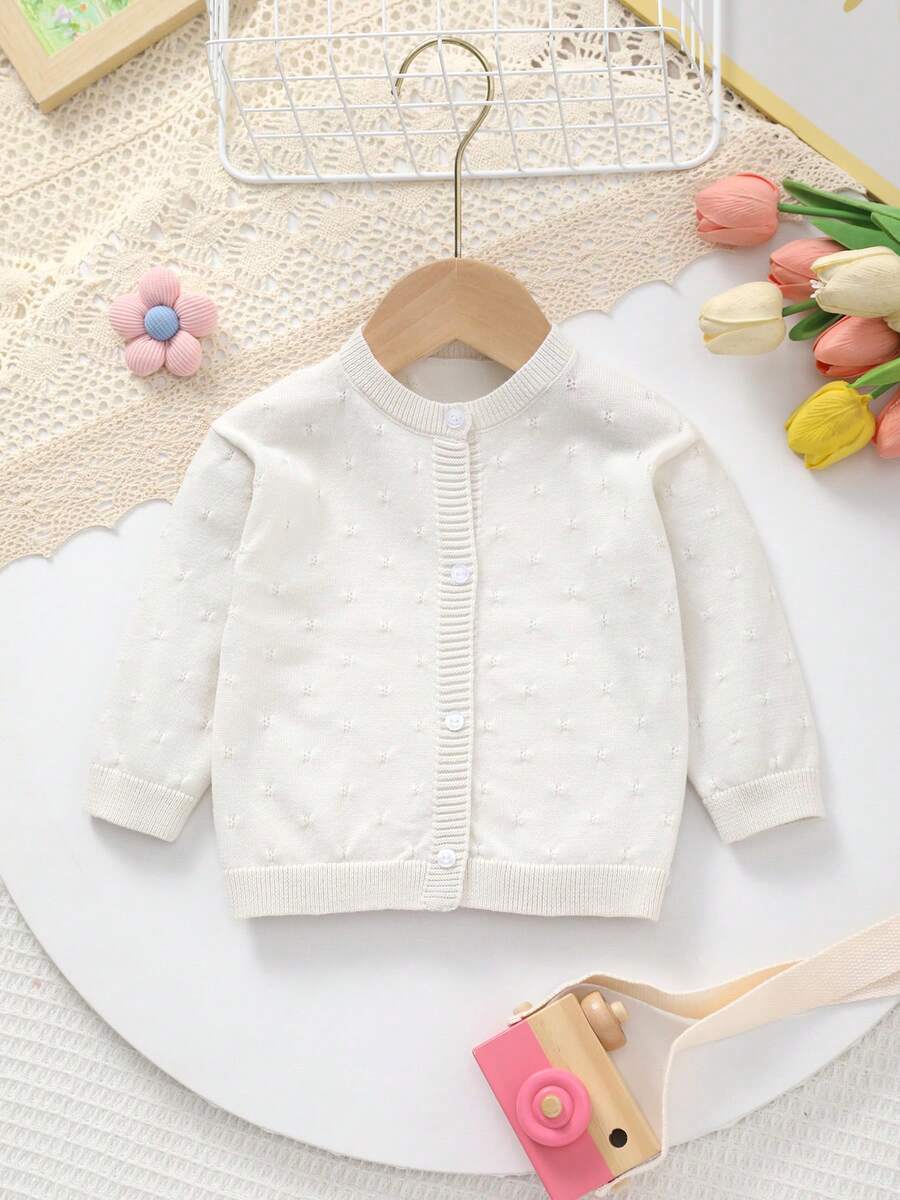 Baby Girl Knit Round Neck Openwork Solid Color Cardigan - Beige - View 1