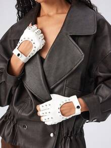 女士垃圾朋克 PU 皮革铆钉五指手套，角色扮演服装舞蹈爵士风格手套驾驶 PU 皮革性能无指手套配饰，Y2K 风格。