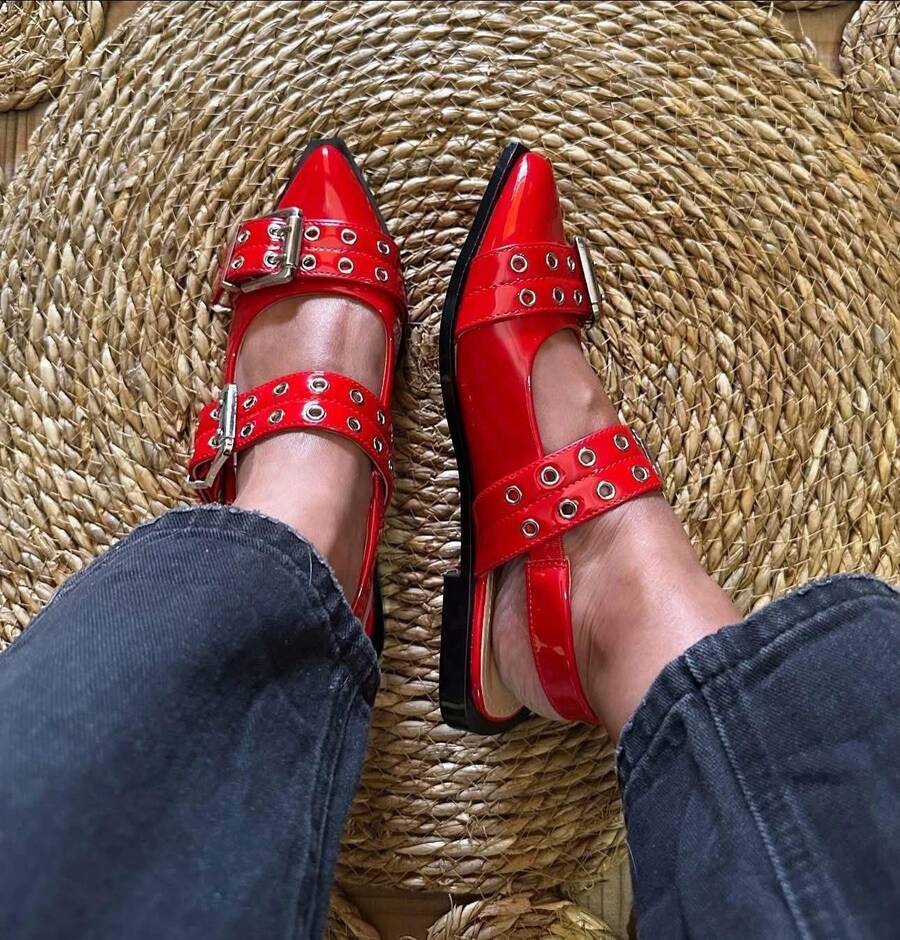 Bailarinas de mujer con estoperoles de punta zapatos de moda zapatos de piso suela antideslizante acojinados zapatos para fiestas disfraz eventos trabajo escuela primavera verano invierno zapatos Mary jean casa salidas sandalias vacaciones Woman shoes Willows Gótico Elegante Hebilla - Rojo - Ver 1