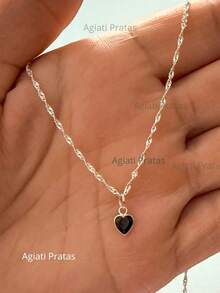 Necklace With Zirconia Heart Pendant In 925 Silver Singapore Chain 45 Cm - 黑色 - 查看 1