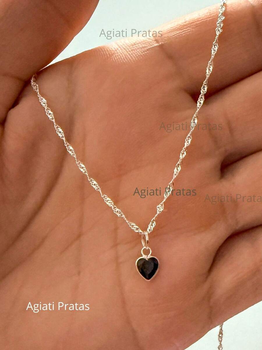 Necklace With Zirconia Heart Pendant In 925 Silver Singapore Chain 45 Cm - 黑色 - 查看 1