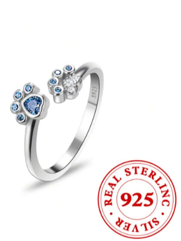 925 Silber zierlicher blauer Kristall Katzen-Pfoten-Abdruck herzförmiger Ring, zart & chic