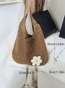 Yogodlns Bolso de hombro de paja de moda para mujer, bolso tejido femenino de gran capacidad, bolso de playa de paja de verano, bolso casual de mano, bolso de compra hecho a mano de ganchillo, bolso de hombro de verano de mujer con tejido hueco de gran capacidad, bolso de playa de malla, bolso de mano