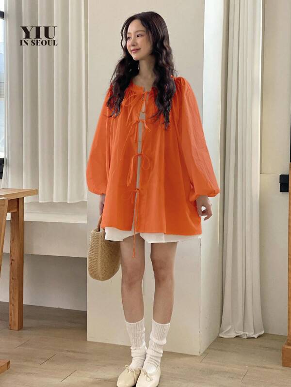 YIU In Seoul Women's Orange Bow Tie Collar Blouse With Bowknot Strap Fall Women Clothes Country