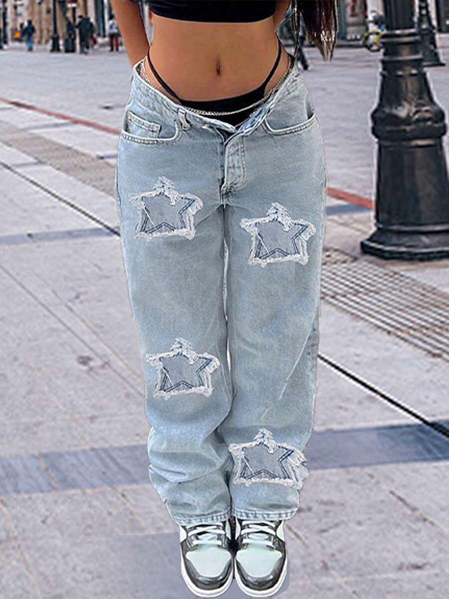 Cross-Border Hot-Selling European And American Fashion Style Four Seasons Leisure Vacation Style Street Star Patch Embroidered Women's Jeans Straight Trousers - Light Wash - View 1