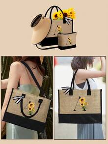 3件套女士沙滩手提包，配有肩带，包含沙滩帽和化妆包；A-Z字母沙滩配饰包，带侧袋；个性化礼品袋，含围巾；女士卡其色波浪形沙滩遮阳帽 - 卡其色 - 查看 4