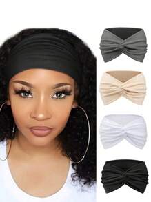 4 pezzi di fasce per capelli nere spesse lisce, stile turbante sportivo annodato, alla moda per donne, fasce per capelli, fascia per la testa, fascia antisudore