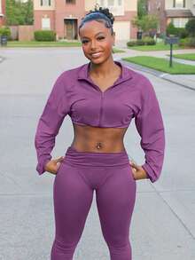 Steph T Bộ 2 món áo crop top cạp chun và quần bó cạp cao phong cách đường phố dành cho nữ - Màu tím - Xem 4