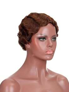 全机真人发短款精灵剪发假发手指波浪卷发假发无胶可戴可戴复古风格假发深波浪编织卷发假发 4 英寸自然黑棕色适合女士日常佩戴