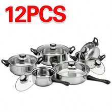 12PCS Stainless Steel Cookware Saucepan Set Pan Pot Kitchens Cooking Glass Lid UK - Silver - View 5