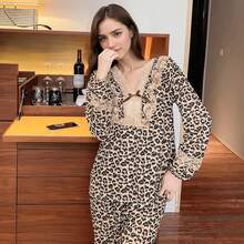 COTOLO Conjunto de Pijama de Mujer con Piezas Unidas de Encaje Cuello en V Estilo Ajustado de Estampado de Leopardo y Sexy para el Hogar Conjunto de Pijama de Mujer,pijamas de mujer,pijama,pans de mujer,pijamas - estampado de leopardo - Ver 4