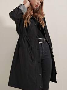 Plain Casual Zip Front Pocket Long Sleeve Trench Coat - Black - View 4