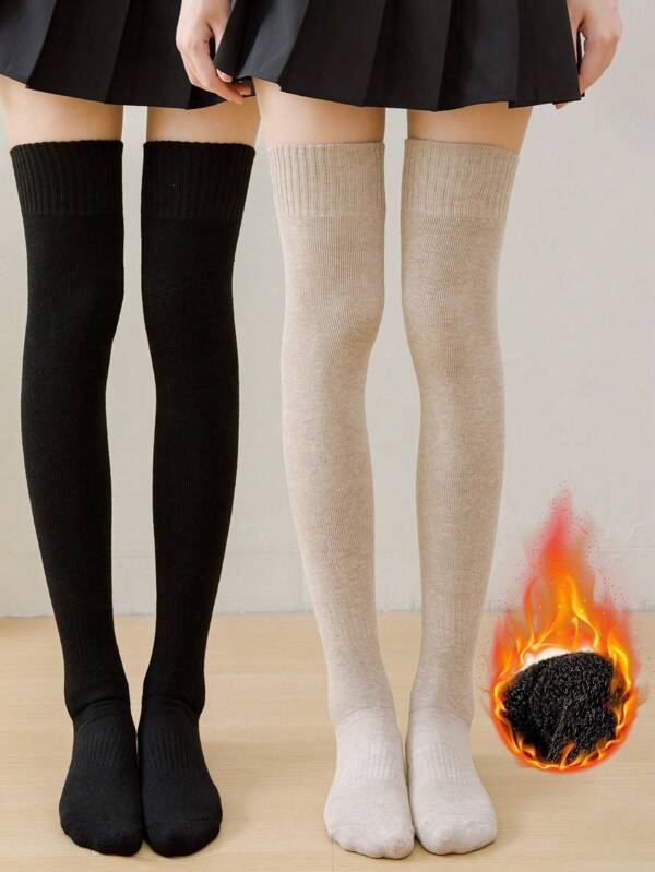 1/2 Pairs Women Over Knee Solid Color Thick Thermal Lined Warm Casual Thigh High Socks, Soft & Comfortable, Suitable For Students & Adults In Autumn/Winter (Combo Color Available)
