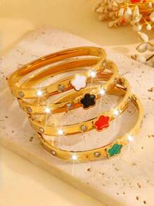 1 pieza Pulsera brazalete con baño de oro de 18K de acero inoxidable en forma de trébol, conjunto de joyas de moda impermeables adecuadas para uso diario, regalo