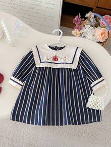 Toddler Girls' Korean Style Navy Collar Striped Long Sleeve Dress, Autumn - màu đen - Xem 7