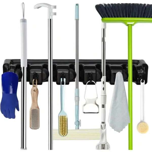 Wand-montierter Mop und Besen Halter, Boot Reinigungs-Werkzeug Aufbewahrungsregal, rutschfester Aufhänger für Bootspflege, Küchen-Organisation, 5 Schlitze 6 Haken, schwere Reinigungs-Utensilien Organizer, einfach zu installierender Boot Organizer Wand-montierter Mophalter 4/5/6 Positionen Multifunktions Besen Hängeregal Zuhause Küchen Lagerung