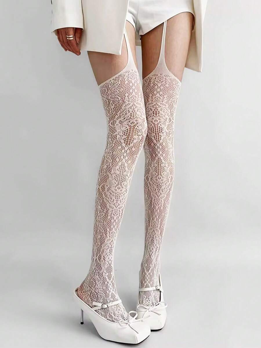 1 Pair Of Lace Rose Flower Pattern Perforated Mesh Socks, Long Tube Knee High Suspender Socks, Hollowed Out Socks, Suitable For Daily Parties, Gatherings And Outings In Summer Christmas Gift - White - View 1