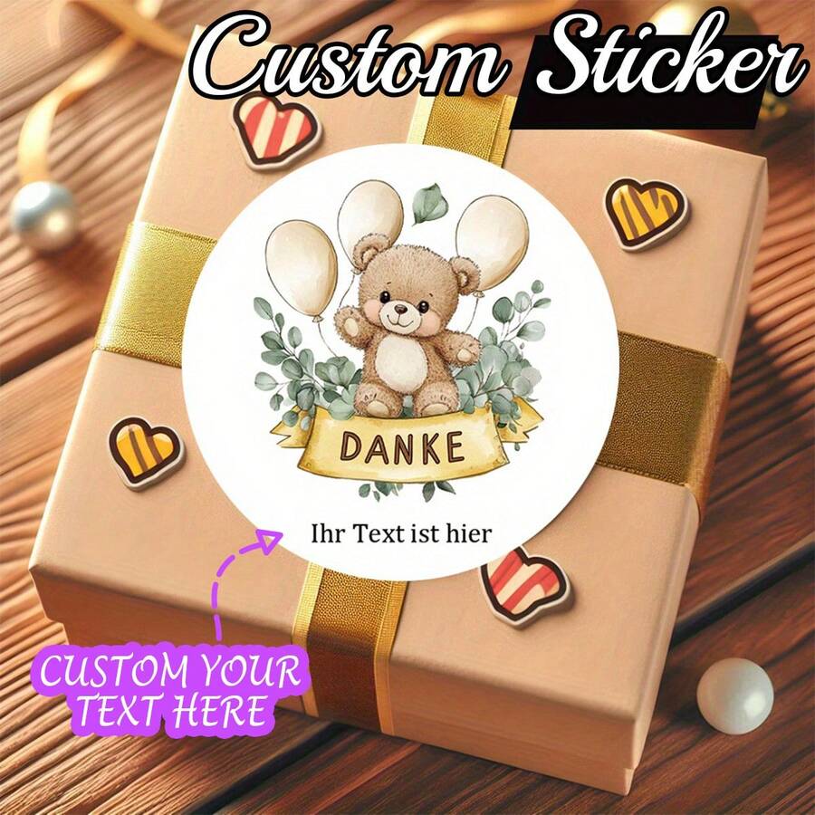 定制感谢贴纸 - 圆形温暖风格设计，带有欢快的棕熊、漂浮气球和 DANKE 横幅，白色纸质贴纸，用于礼品包装、生日、公司礼品（德国感谢）、节日装饰、俏皮主题、手工外观、装饰标签、德语使用者、学校用品、返校