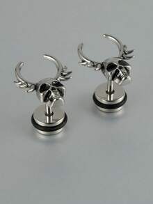 1 par de pendientes de conejo góticos con ojos rojos malignos, pendientes de botón con calavera esquelética de acero inoxidable con gota de aceite negro, regalos para aretes unisex - color acero - Ver 11