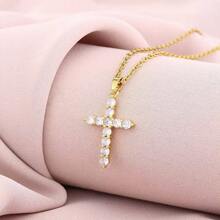 1pc Fashionable Cubic Zirconia Cross Stainless Steel Pendant Necklace, Suitable For Daily Wear, Party And Casual