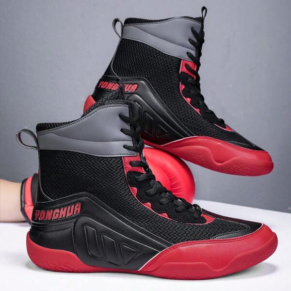 Men's Pro Boxing Gym Shoes - High-Top Breathable Mesh Combat Boots For Sparring, Heavy Bag Training & Anti-Slip Stability