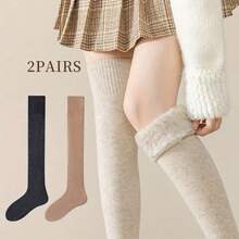 2 Pairs Plus Size Women's Thigh High Stockings - Soft, Solid, Thick, Warm, Plush Lined, Fluffy, Over The Knee Socks For Fall And Winter
