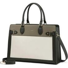 17 Inch Laptop Tote Bag Women, Business Computer Briefcase, PU Leather Tote, Large Office Shoulder Bag Teachers, Work Accessory - 深綠-綠米色 - 查看 1