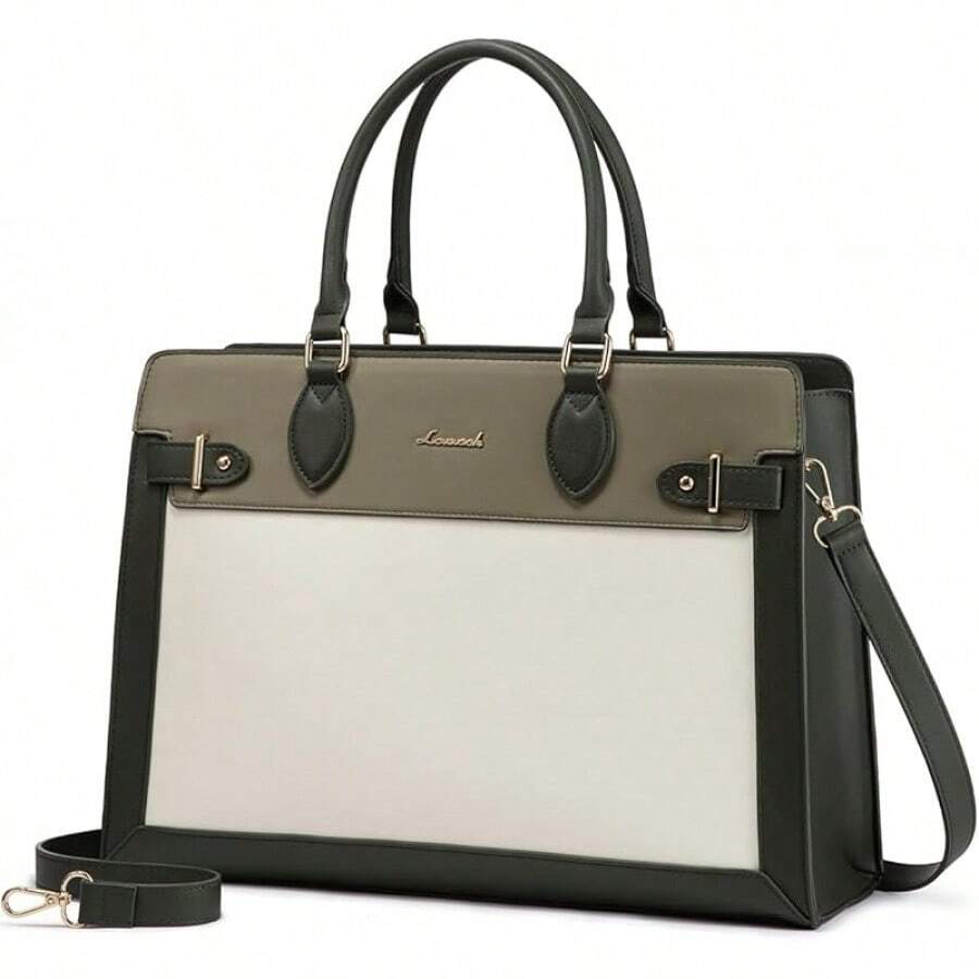 17 Inch Laptop Tote Bag Women, Business Computer Briefcase, PU Leather Tote, Large Office Shoulder Bag Teachers, Work Accessory - 深綠-綠米色 - 查看 1