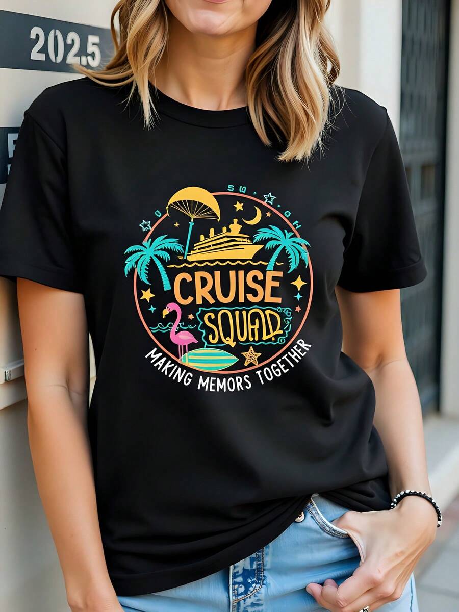 Camiseta de mujer 180g negra de algodón con cuello redondo y manga corta, estampado alegre de verano, flamenco, palmeras y crucero - "Cruise : Making Memories Together" - Ideal para vacaciones y viajes. - Negro - Ver 1