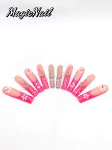 10 Pieces Of Pure Hand-Pressed Wearing Nail, Press On Nails,55mm Long Nail Pieces, Flesh-Colored Red Contrast, Hand-Painted White Flowers, 3D Gold Butterfly Ornaments, 3D Pink Small Flower Embellishment, Red Glitter Pink Drawing Lines, Glitter Diamond Embellishment. Spring And Summer Style, Cute Nail Plate, Can Be Reused.