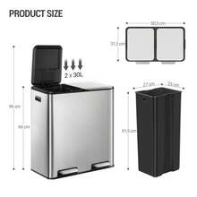 HaluPeit Kitchen Trash Can, Waste Separation System 2 Compartments 60L (2 X 30L), Stainless Steel Kitchen Trash Can, Pedal Bin, Waste Bin Quiet Slow Descent, With 15 Exclusive Waste Bags, Silver - Bạc - Xem 8