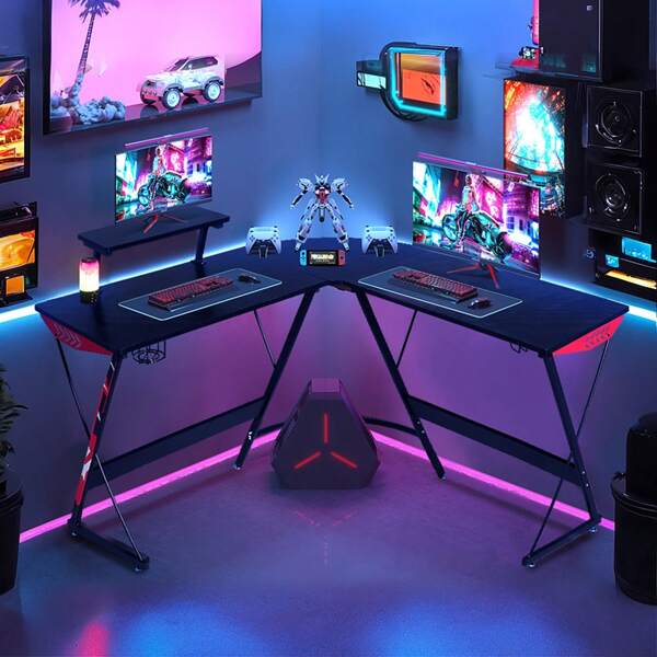 Wevalley Gaming-Schreibtisch mit Monitorständer, L-förmiger Eck-Gaming-Schreibtisch für Gamer, Schwarz, 130 x 130 cm