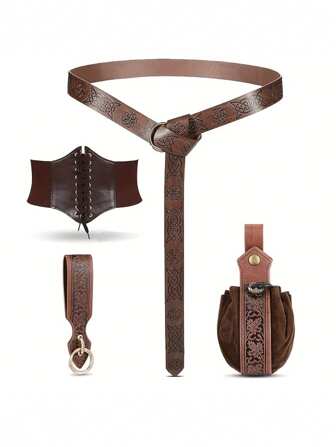 4 件文艺复兴风格女式束腰带，采用 O 形环压花设计，宽腰带，适合维京主题服装、徒步旅行、市场、实景角色扮演游戏和中世纪节日服饰。万圣节