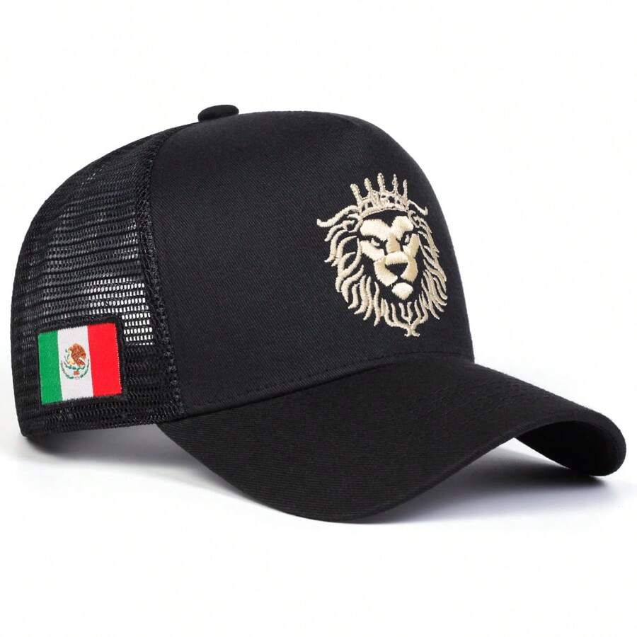 1pc Men's Lion Head Embroidered Baseball Cap, Fashionable Trucker Hat, Adjustable Sun Protection Casual Mesh Cap, Suitable For Spring, Autumn Outings, Travel, Beach, Party - Black - View 1