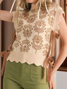 Chaleco de punto con flores para mujer, con ribete festoneado, cuello redondo, lazo lateral, suéter sin mangas, tops informales, ropa de calle - Caqui - Ver 5