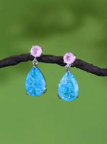 1 Pair Icy Cracked Blue Pink Cubic Zirconia Silver Plated Water Drop Shape Dangle Earrings, Women Cute Costume Jewelry Accessories For Wedding, Party, Prom, Brides, Bridesmaids, Female, Ladies Gift