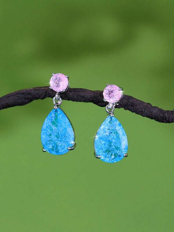 1 par de pendientes colgantes de gota con circonita cúbica plateada en azul y rosa agrietado, accesorios de joyería nupcial para compromiso, banquete, fiesta, baile de graduación
