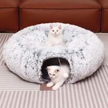 Cat Tunnel Bed For Indoor Cats - Cute Cat Donut Tunnel Toys With Washable Circle Cushion, Round Pet Peekaboo Cave Toy For Kitten/Puppy/Rabbit - 灰色 - 查看 5