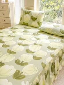 三件套（1个床裙，2个枕套）印花荷叶边床裙，全覆盖防尘罩，带裙摆床裙套装，三件套褶皱床裙配2个枕套床上用品套装，可裸睡，亲肤，吸汗，防潮，柔软，吸汗，柔软，可水洗，不褪色，抗菌床垫保护套套装。