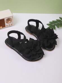 女童花卉装饰平底凉鞋时尚休闲旅游沙滩度假凉鞋，适合夏季 - 黑色 - 查看 4