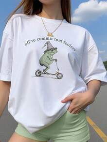 Plus Size Women Short Sleeve Round Neck Casual Cute Summer Top With Stupid Frog, Funny Frog Graphic - White - View 1