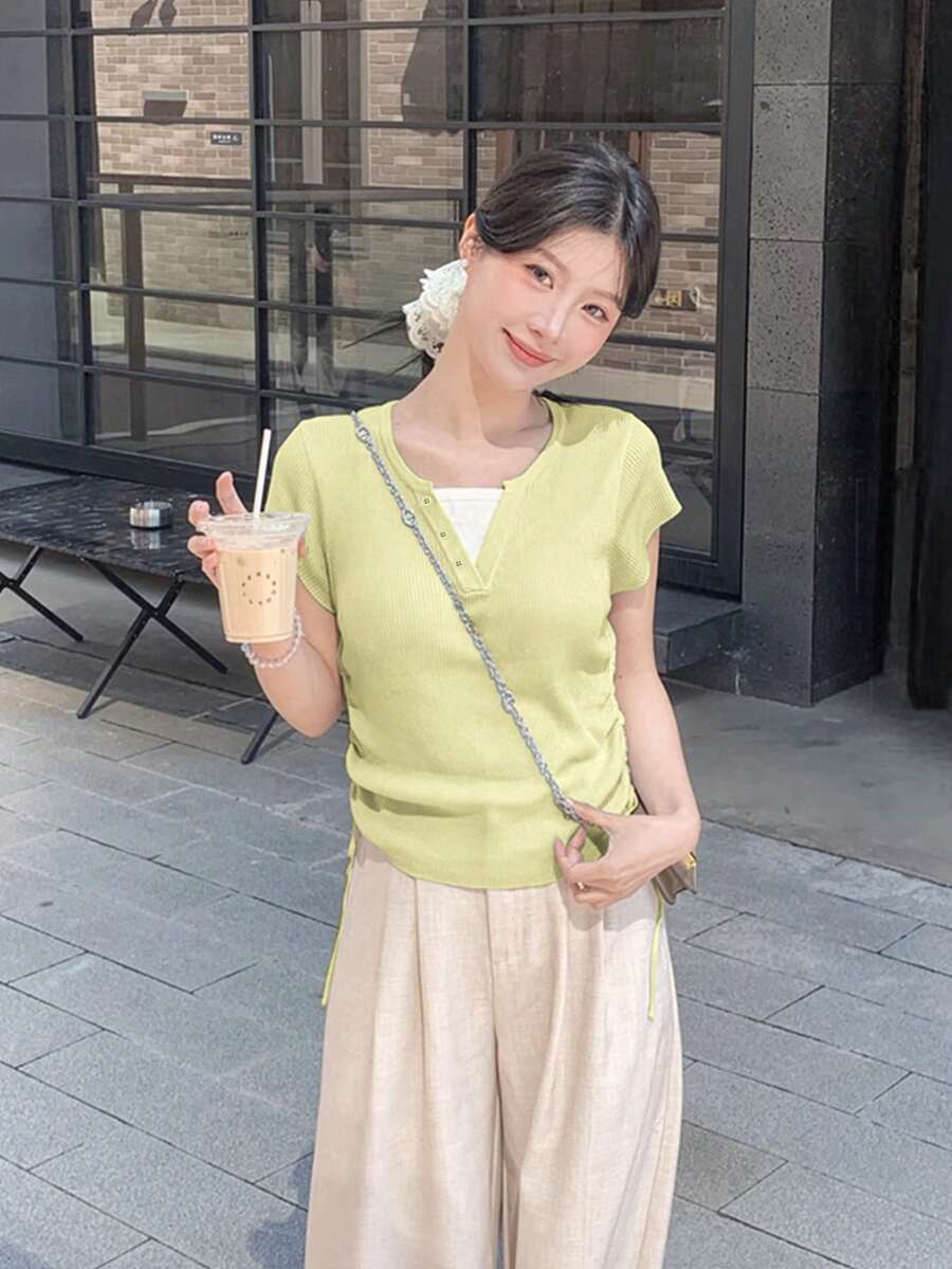 RUIWY 休闲二合一针织上衣，女式短袖T恤，收腰，薄款设计，夏季 - 綠色 - 查看 1