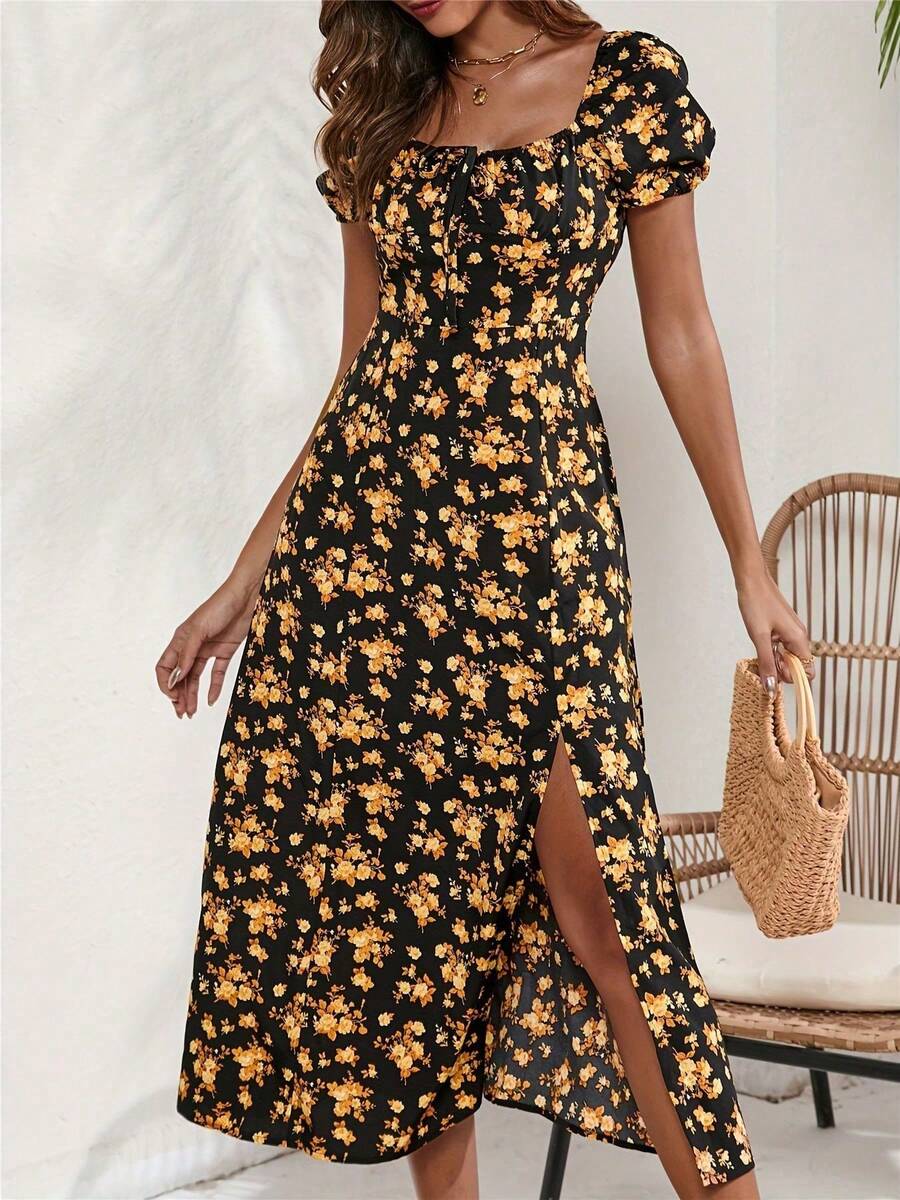 Women's Floral Print Square Neck Dress French Split Hem Dresses Elegant And Sexy - 黃色 - 查看 1