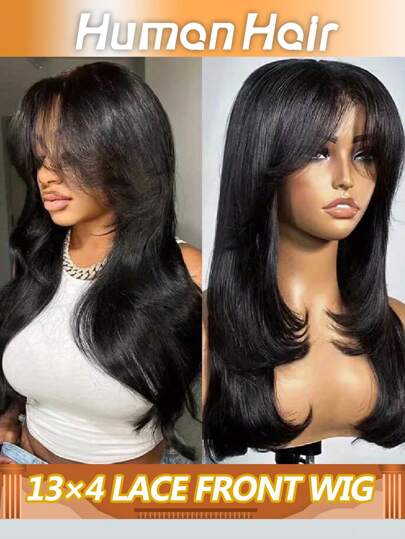 Straight Layered Cut Wigs Machine Made Wig Natural Black Layered Wigs Glueless Wig Straight Human Hair Wigs For Women 180% Density