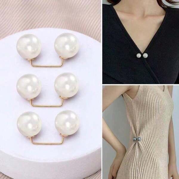 3pcs Faux Pearl Brooch Pins - Anti-Exposure Neckline Safety Clips For Women's Clothing - Wedding Decoration, Sweater Shawl & Scarf Accessories