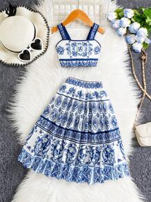2pcs/Set Infant&Baby GirlBlue & White Porcelain Print Camisole Top & High Waist Mid-Length Skirt Outfit, Spring/Summer