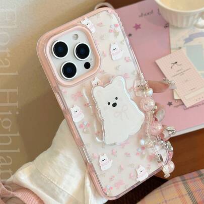 GUCADI 1pc Pink Framed Pink Flower Design Dog With West Highland White Terrier Stand + Beaded Necklace Cute Cartoon Dog Phone Holder Case Compatible With IPhone 15/16 Pro Max, 14, 13, 11, Unique Sweet Style, Anti-Drop Waterproof Shockproof Scratch Resistant