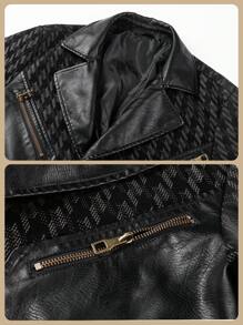 Men's PU Leather Jacket, Casual Business Minimalist Small Suit Biker Jacket, Slim Fit Lightweight Windbreaker Coat For Party, Mature Gentleman Design, Premium Quality Printed Fabric, Lapel Single-Breasted New Style Top , Fall Winter - Black - View 4